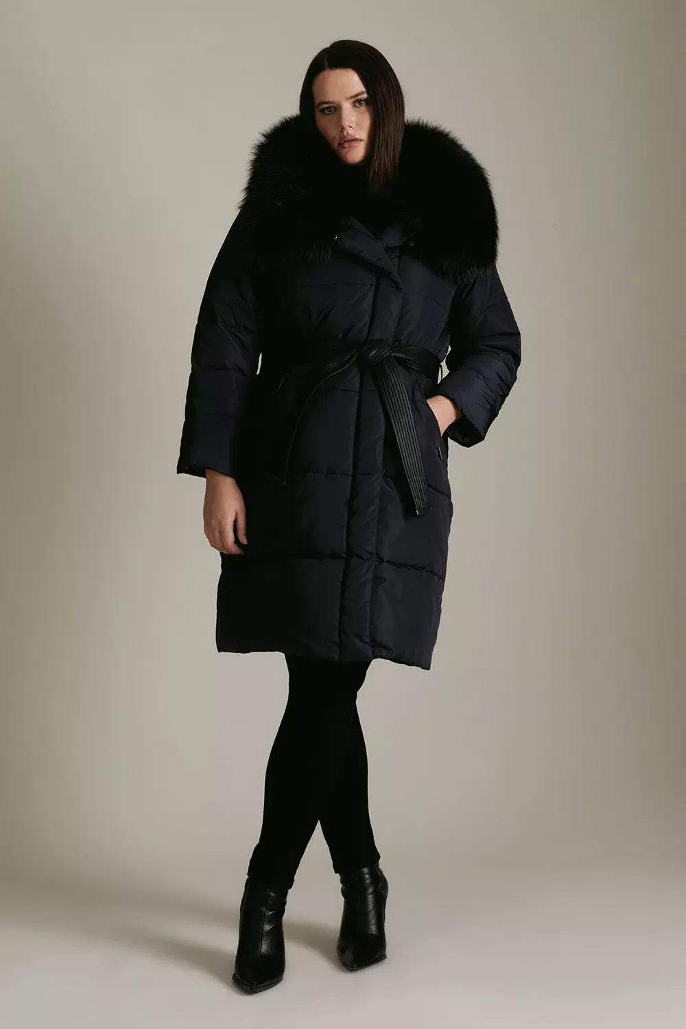 Black faux fur collar belted coat sale